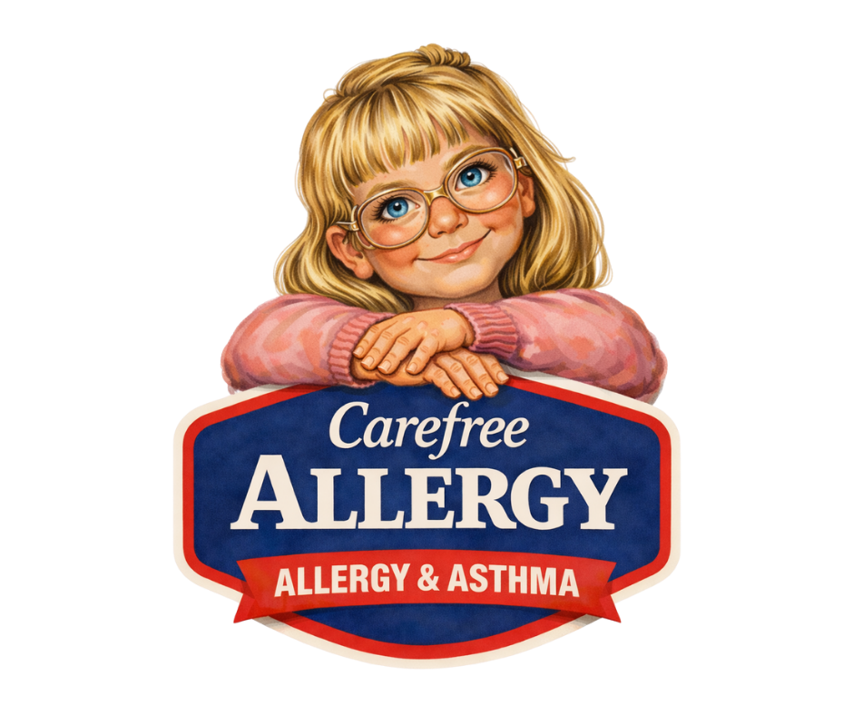 Carefree Allergy logo featuring an illustrated young girl with glasses
